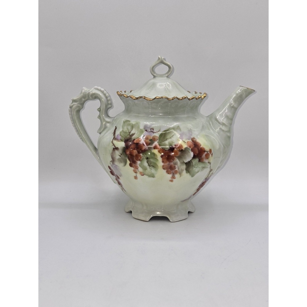 Antique German Porcelain Teapot Hand Painted Grapes Gold Trim Ornate